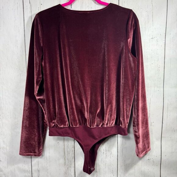 Express Velvet Wrap Bodysuit Burgundy Long Sleeve XS Holiday Night Out Elegant - Picture 11 of 16